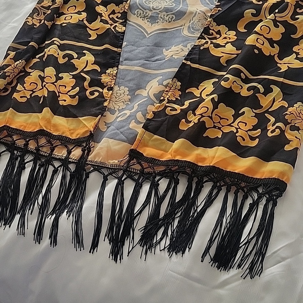 Elegant Black and Gold Women's Kimono With Fringe On Sleeves and Bottom Of Hem - Picture 5 of 7